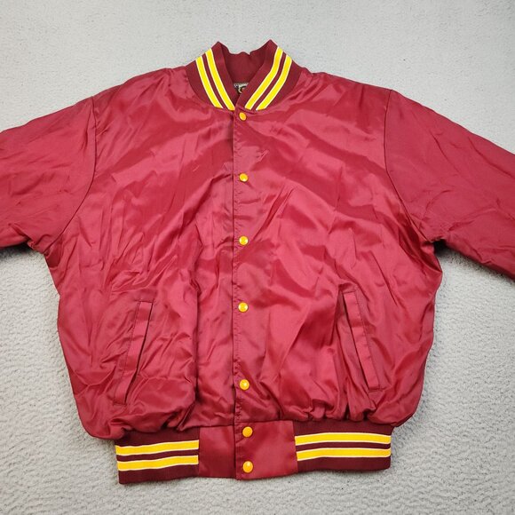 Vintage Satin Bomber Jacket 2XL Lined Blank Red Yellow Snap Button Front 90s USA - Picture 2 of 9